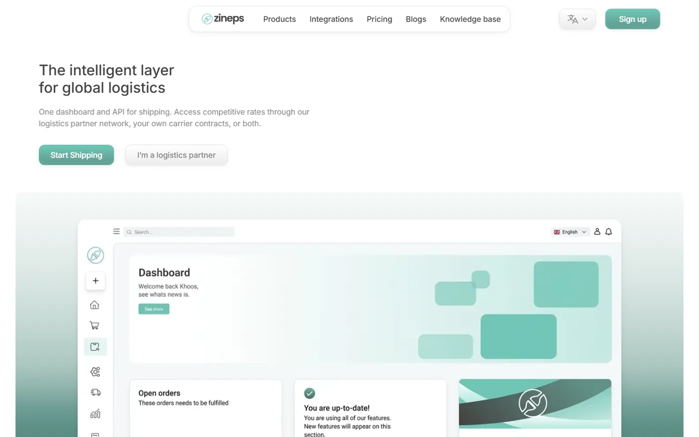 The redesigned Zineps hero: a left-aligned headline, a short line of copy, two buttons and the dashboard below on a soft green backdrop