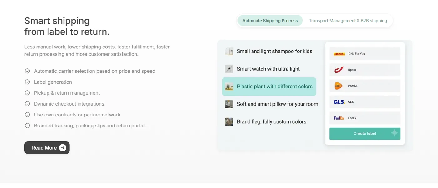 Redesigned Smart shipping section with products on the left and a carrier picker with a Create label button on the right