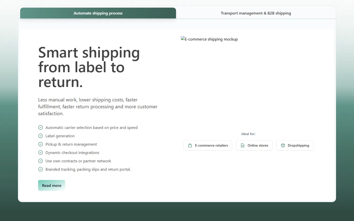 Original Smart shipping section where the product mockup failed to load and only its alt text shows