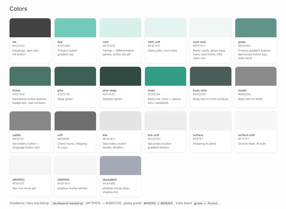 Playground page showing the color tokens as swatches, each with a hex value and a note on where it is applied